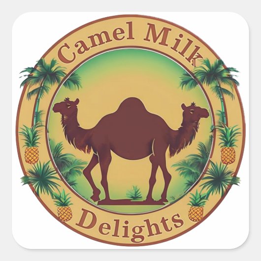 Sticker Carré Camel Milk Delights-Tropical Camel Palm Pineapple (Devant)