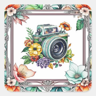 Sticker Carré Caméra vintage avec aquarelle de jolies fleurs