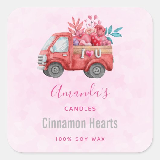 Sticker Carré Camion d'amour mignon avec Coeurs et Fleurs Bougie (Devant)