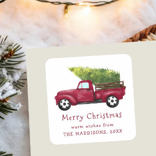 Sticker Carré Camion de Noël à l'aquarelle rouge vintage
