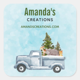 Sticker Carré Camion de Noël avec de mignons animaux d'affaires