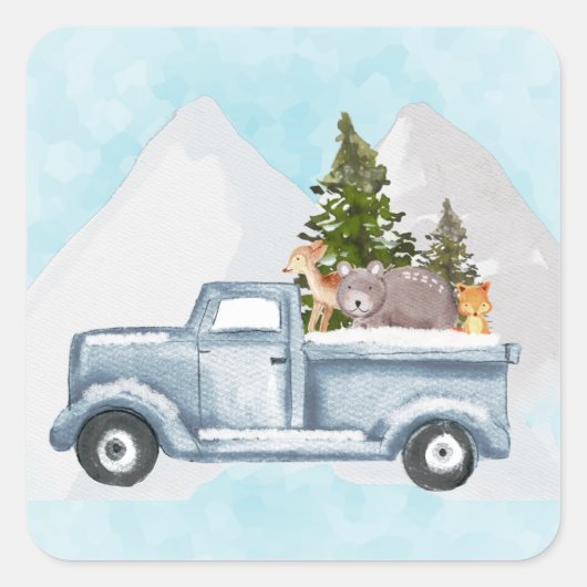 Sticker Carré Camion de Noël avec pins et animaux de forêt (Devant)