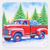 Sticker Carré Camion rouge de Noël avec pins (Devant)