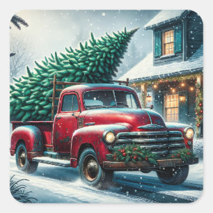Sticker Carré Camion vintage avec sapin de Noël