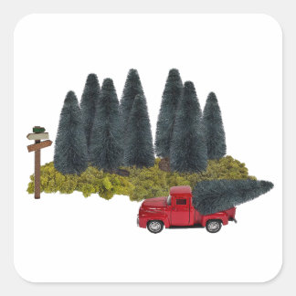 Sticker Carré Camion vintage avec sapin de Noël