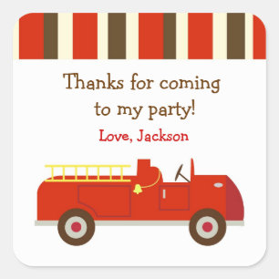 Sticker Carré Camion vintage d'incendie Anniversaire Faveur Stic