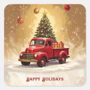 Sticker Carré Camionnette Rouge Vintage avec Sapin de Noël et Ca