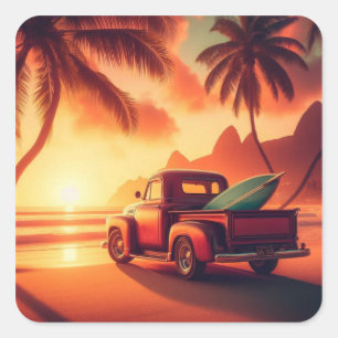 Sticker Carré camionnette vintage tropical/Hawaii de surf