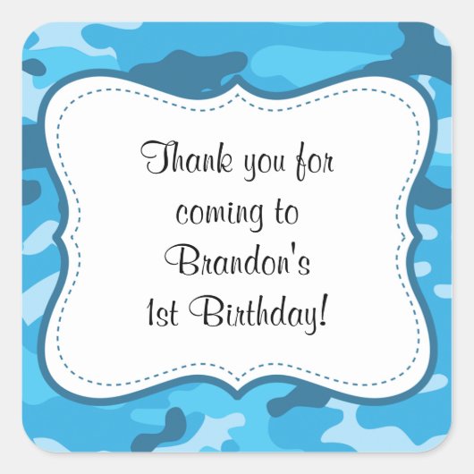 Sticker Carré Camouflage bleu Anniversaire Fête en faveur garçon (Devant)