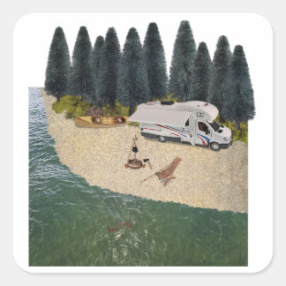 Sticker Carré Camper RV dans la forêt au bord de l'eau