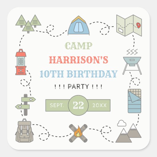 Sticker Carré Camping à tout âge fête d'anniversaire (Devant)