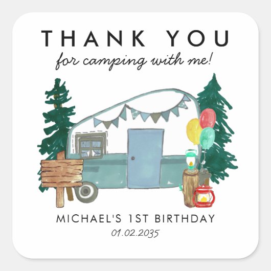 Sticker Carré Camping Van Trees Anniversaire de enfant Merci Fav (Devant)
