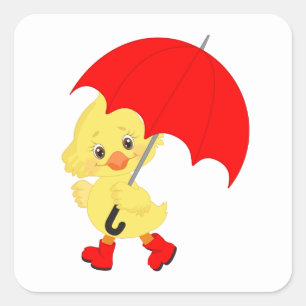 Sticker Carré Canard mignon avec parapluie