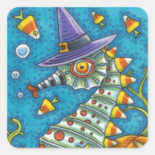 STICKER CARRÉ CANDY CORN SEAHORSE WITCH, SOUS LA MER HALLOWEEN