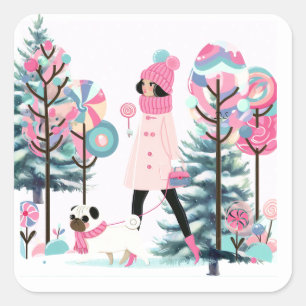 Sticker Carré Candy Delights Girl Walking Dog