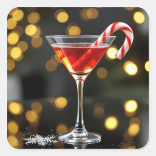 Sticker Carré Canne de Noël dans un cocktail