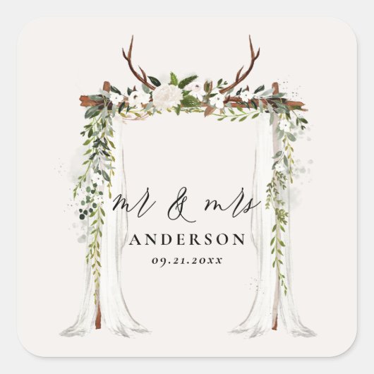 Sticker Carré Canopy mariage botanique rustique m et mrs script (Devant)