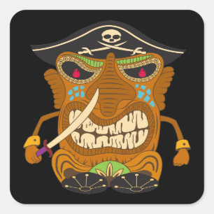 Sticker Carré Capitaine Pirate, Statue Tiki, Noir Drôle