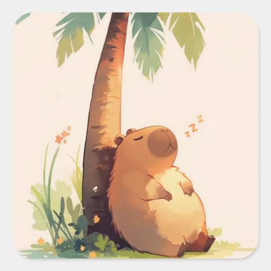 Sticker Carré Capybara faisant la sieste sous un palmier (Devant)