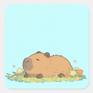 Sticker Carré Capybara paisible endormi dans une prairie fleurie