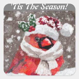 Sticker Carré Cardinal Bird Scarf & Casquette en Noël de neige