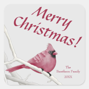 Sticker Carré Cardinal d'aquarelle rouge Joyeux Noël