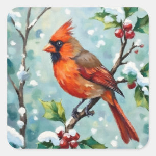 Sticker Carré Cardinal de Noël sur une branche de houx