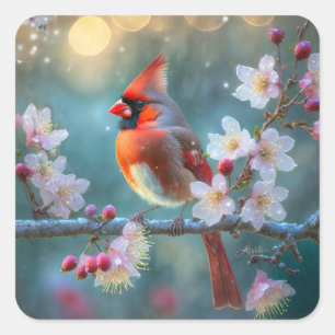 Sticker Carré Cardinal mâle au clair de lune Cerisiers en fleurs