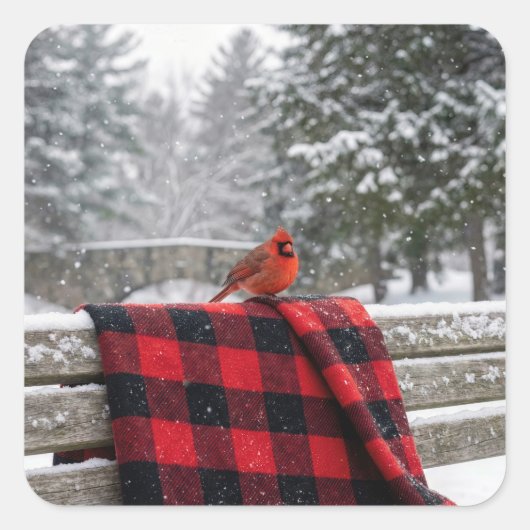 Sticker Carré Cardinal On a Snowy Plaid Blanket (Devant)