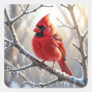 Sticker Carré Cardinal perché sur une branche d'hiver avec des g