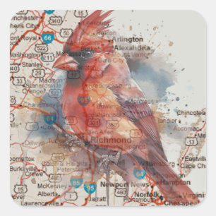 Sticker Carré Cardinal sur carte routière de Virginie Art aquare