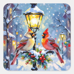 Sticker Carré Cardinaux de Noël et Lampadaire enneigé