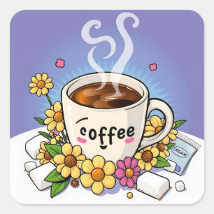 Sticker Carré Caricature à café, crème et fleur