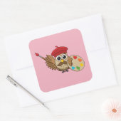 Sticker Carré Caricature de Chouette Peintre Cute (Enveloppe)
