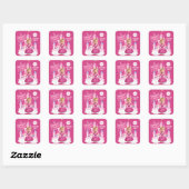 Sticker Carré Caricature de la princesse 4e anniversaire rose ch (Feuille)