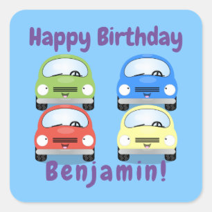 Sticker Carré Caricature de voiture rouge joyeux