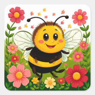 Sticker Carré Caricature joyeuse abeille entourée de fleurs vive