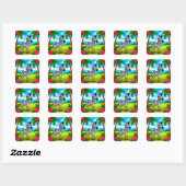 Sticker Carré Caricature joyeuse Zebra dans un paysage tropical (Feuille)
