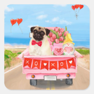 Sticker Carré Carlin Chien Saint-Valentin Coeurs de camion