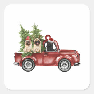 Sticker Carré Carlin En Voiture Noël Ornement Drôle Arbre de Noë