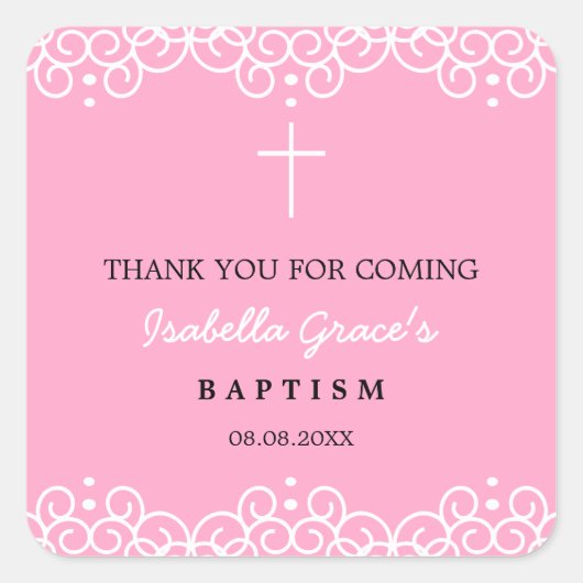 Sticker Carré Carnation rose et blanc | Merci du baptême (Devant)