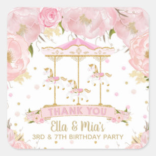 Sticker Carré Carousel d'or rose Floral Merry Go Round Anniversa