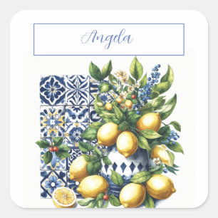 Sticker Carré Carreaux bleus italiens et citrons votre nom