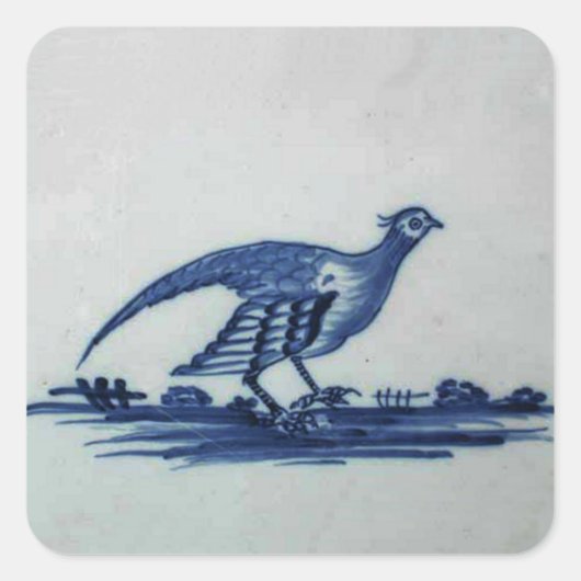 Sticker Carré Carrelage Bleu Delft antique - Grouse dans l'Herbe (Devant)