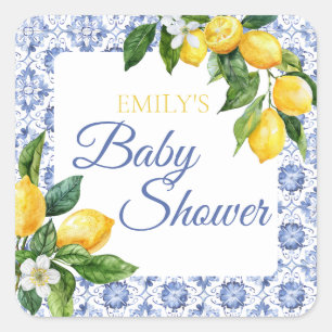 Sticker Carré Carrelage bleu méditerranéen Baby shower citron