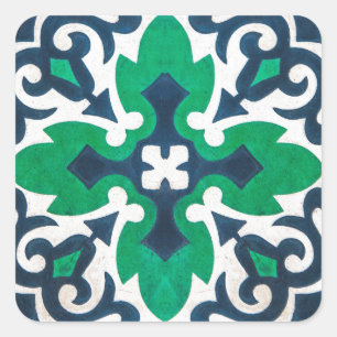 Sticker Carré Carrelage d'ornement Damask bleu vert torse