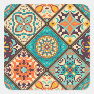 Sticker Carré Carrelage en patchwork coloré : Motifs islamiques.