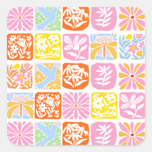 Sticker Carré Carrelage floral coloré Botanique Folk Whimsical