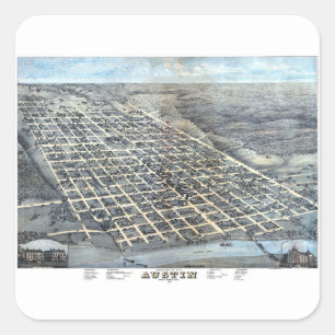 Sticker Carré Carte antique aérienne de la ville d'Austin, Texas
