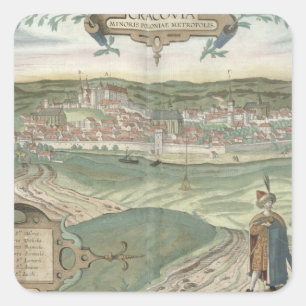 Sticker Carré Carte de Cracovie, de "Civitates Orbis Terrarum"